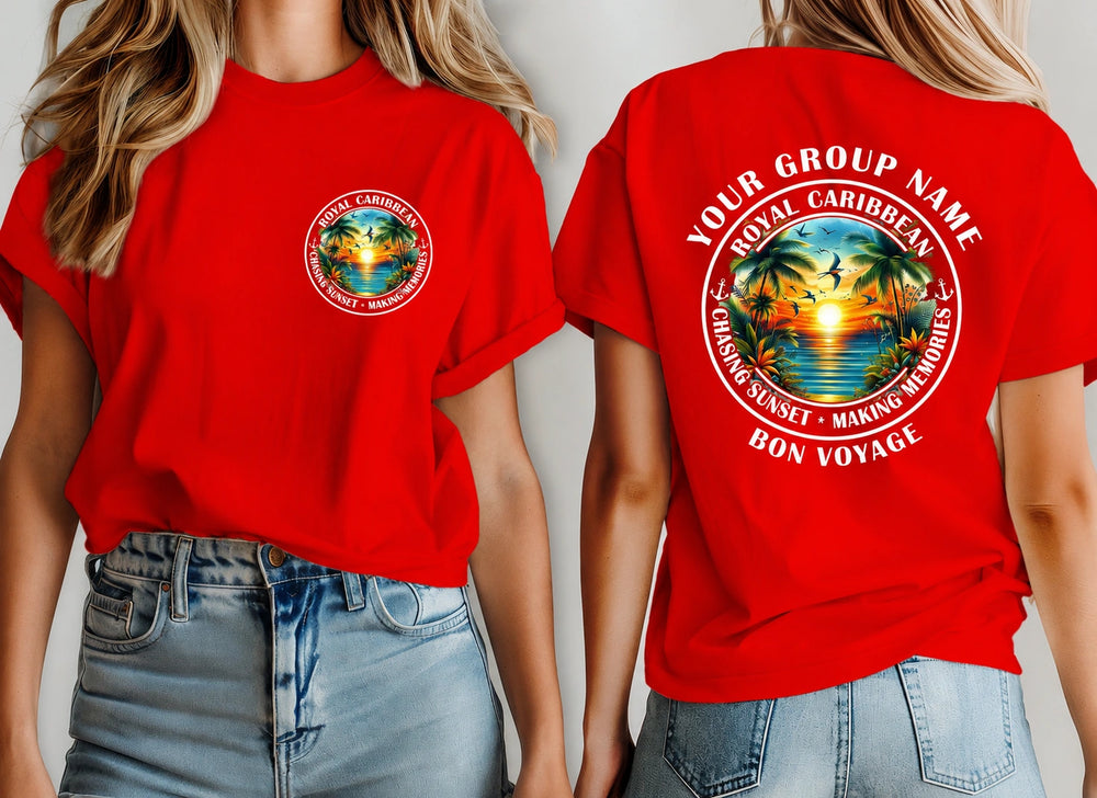 A red short-sleeve T-shirt shown on a model from both front and back. The front has a small circular tropical graphic on the left chest, and the back has a large circular tropical sunset graphic with the text 'YOUR GROUP NAME', 'ROYAL CARIBBEAN', 'GREAT SUNSET - MAKING MEMORIES', and 'BON VOYAGE'.