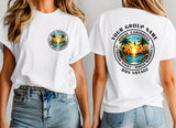 Two women modeling white graphic T-shirts, showing both the front and back designs. The front features a small circular Royal Caribbean-themed graphic on the left chest.