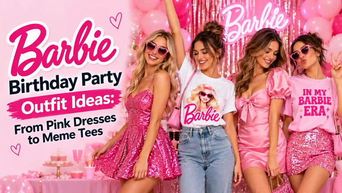 Barbie birthday party outfit ideas featuring pink dresses, Barbie meme T-shirts, sequin skirts, and stylish pink party looks for a Barbie-themed celebration.