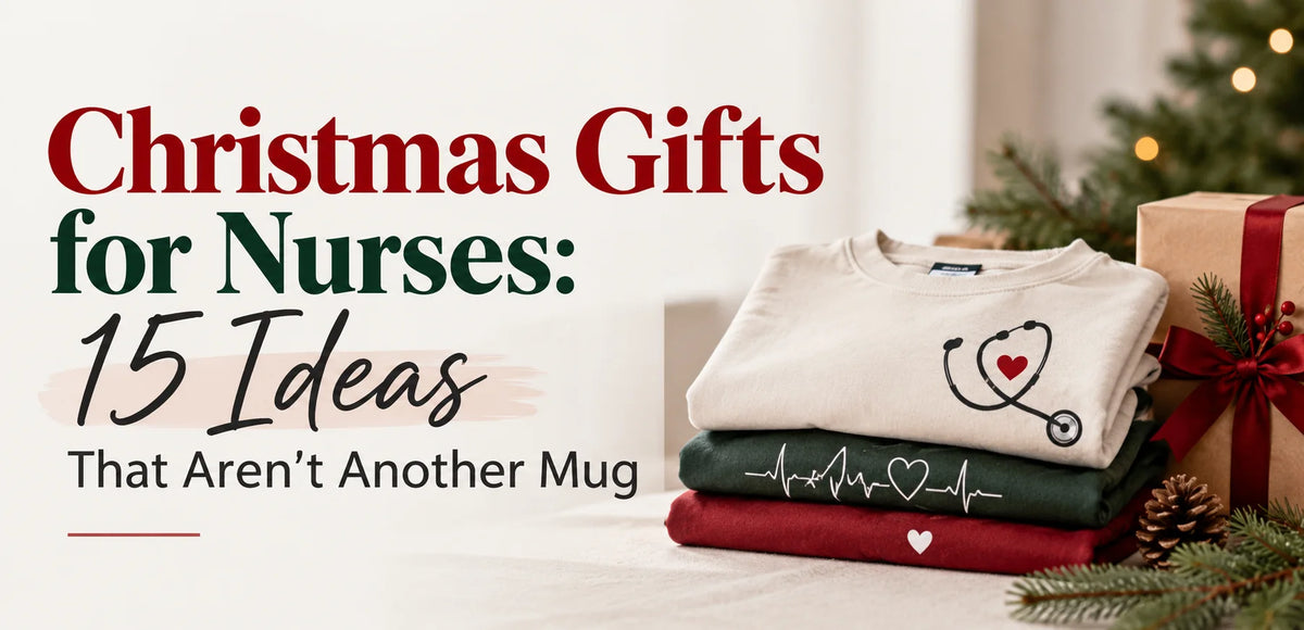 Christmas gifts for nurses featuring nurse-themed sweatshirts, stethoscope designs, and festive holiday gift wrapping.