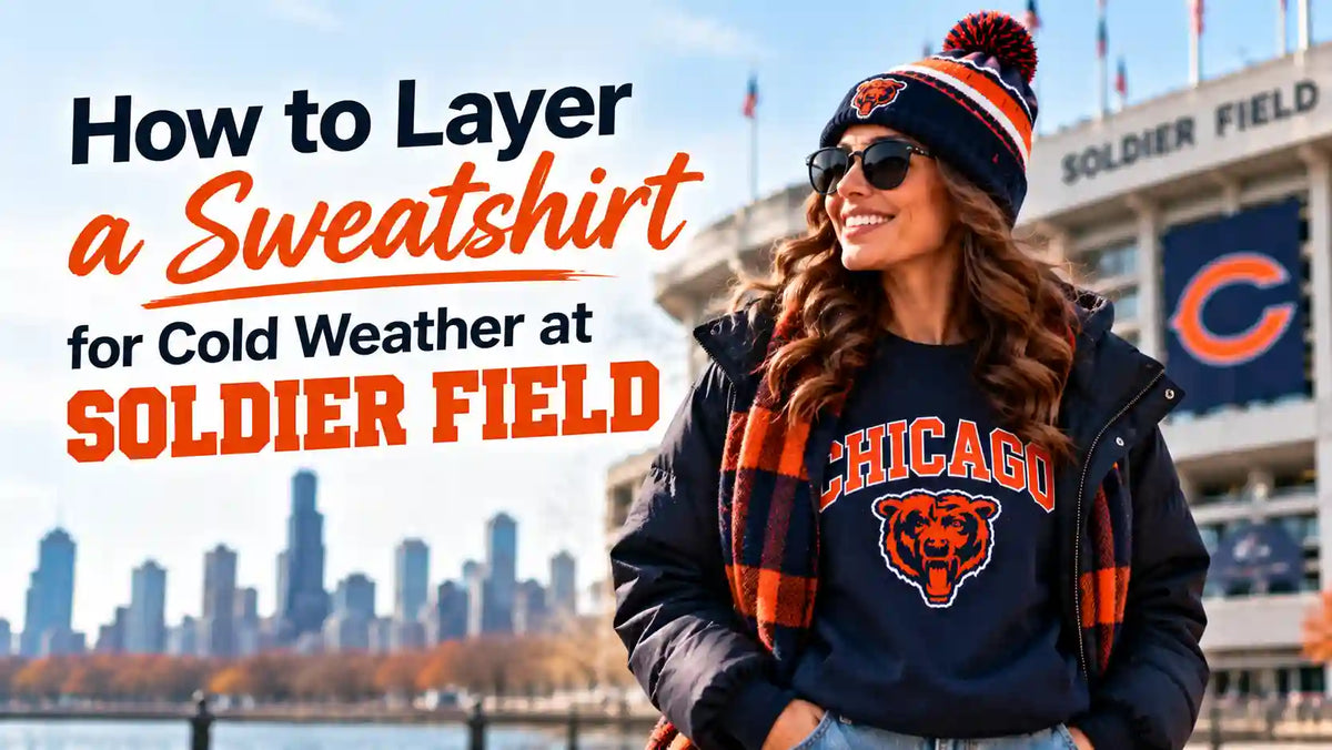 How to layer a Chicago Bears sweatshirt for cold weather at Soldier Field, featuring a fan wearing a navy sweatshirt, winter jacket, scarf, and beanie for a warm game-day outfit.