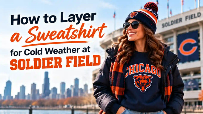 How to layer a Chicago Bears sweatshirt for cold weather at Soldier Field, featuring a fan wearing a navy sweatshirt, winter jacket, scarf, and beanie for a warm game-day outfit.
