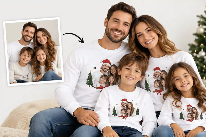Matching family Christmas shirts with personalized photo frame designs on white sweatshirts and baby bodysuit, styled with simple festive decorations.