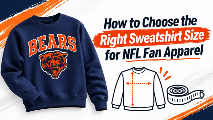 Navy blue Chicago Bears sweatshirt with chest, length, and sleeve measurements for choosing the right sweatshirt size for NFL fan apparel.