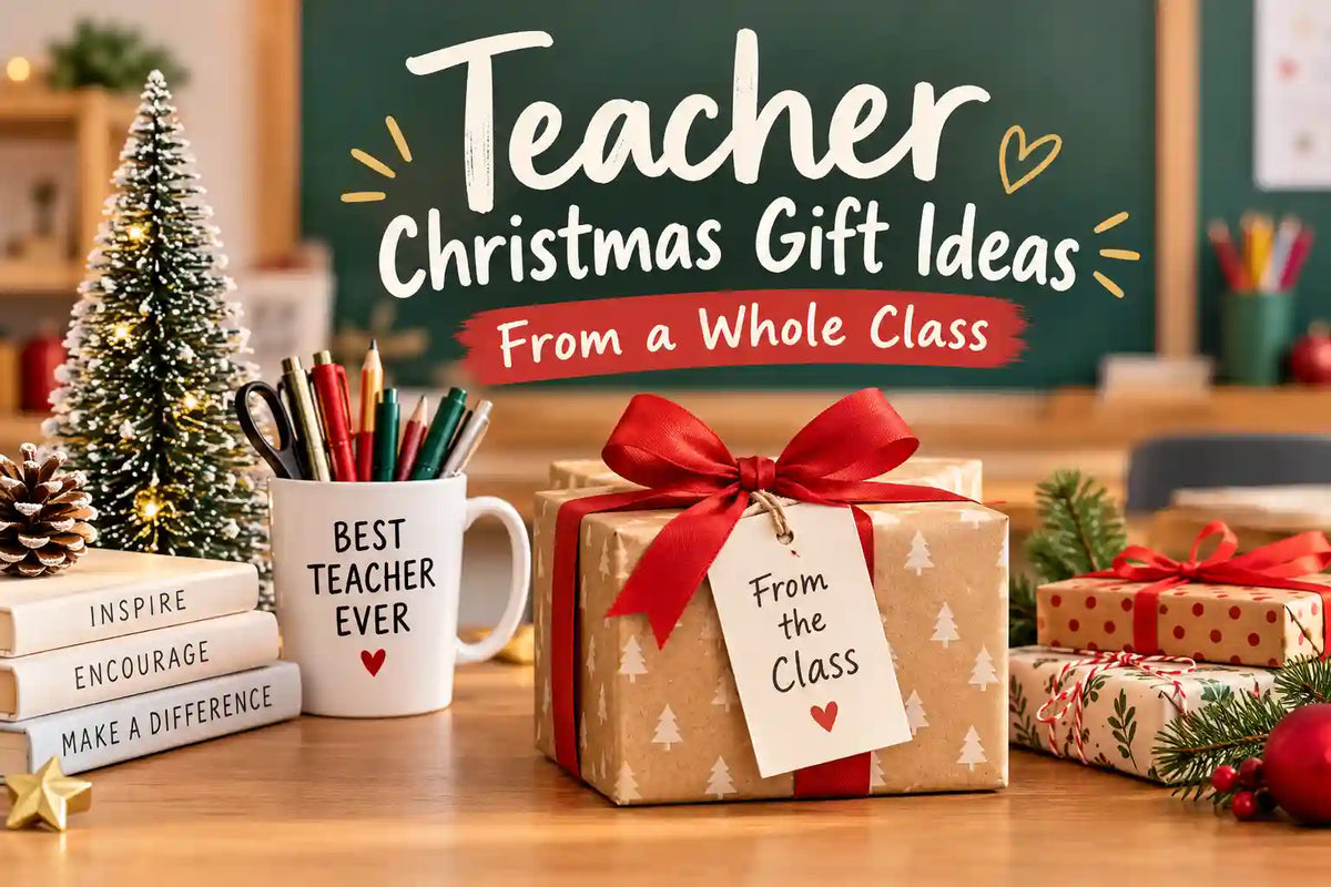 Teacher Christmas gift ideas from a whole class featuring festive gift boxes, a teacher mug, books, and Christmas decorations.