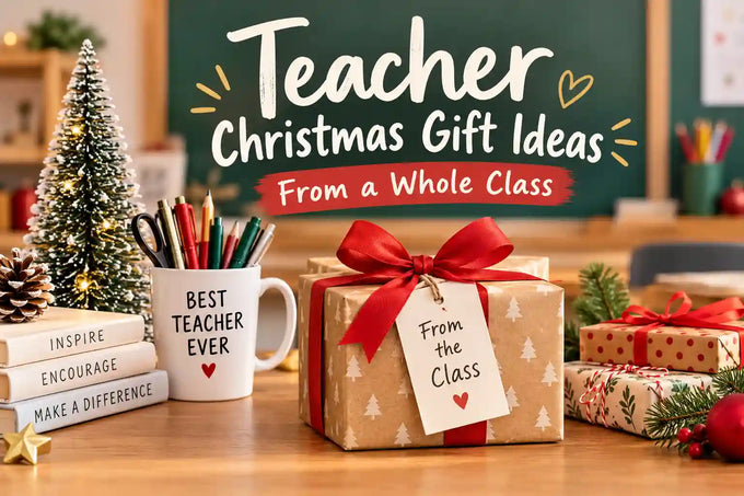 Teacher Christmas gift ideas from a whole class featuring festive gift boxes, a teacher mug, books, and Christmas decorations.