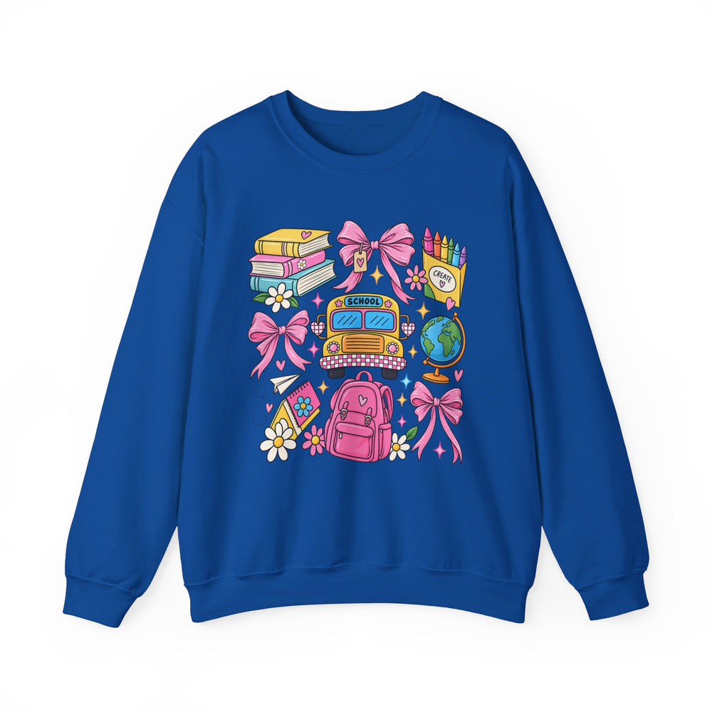 Back to school teacher sweatshirt with school bus, backpack and books graphic - view 6
