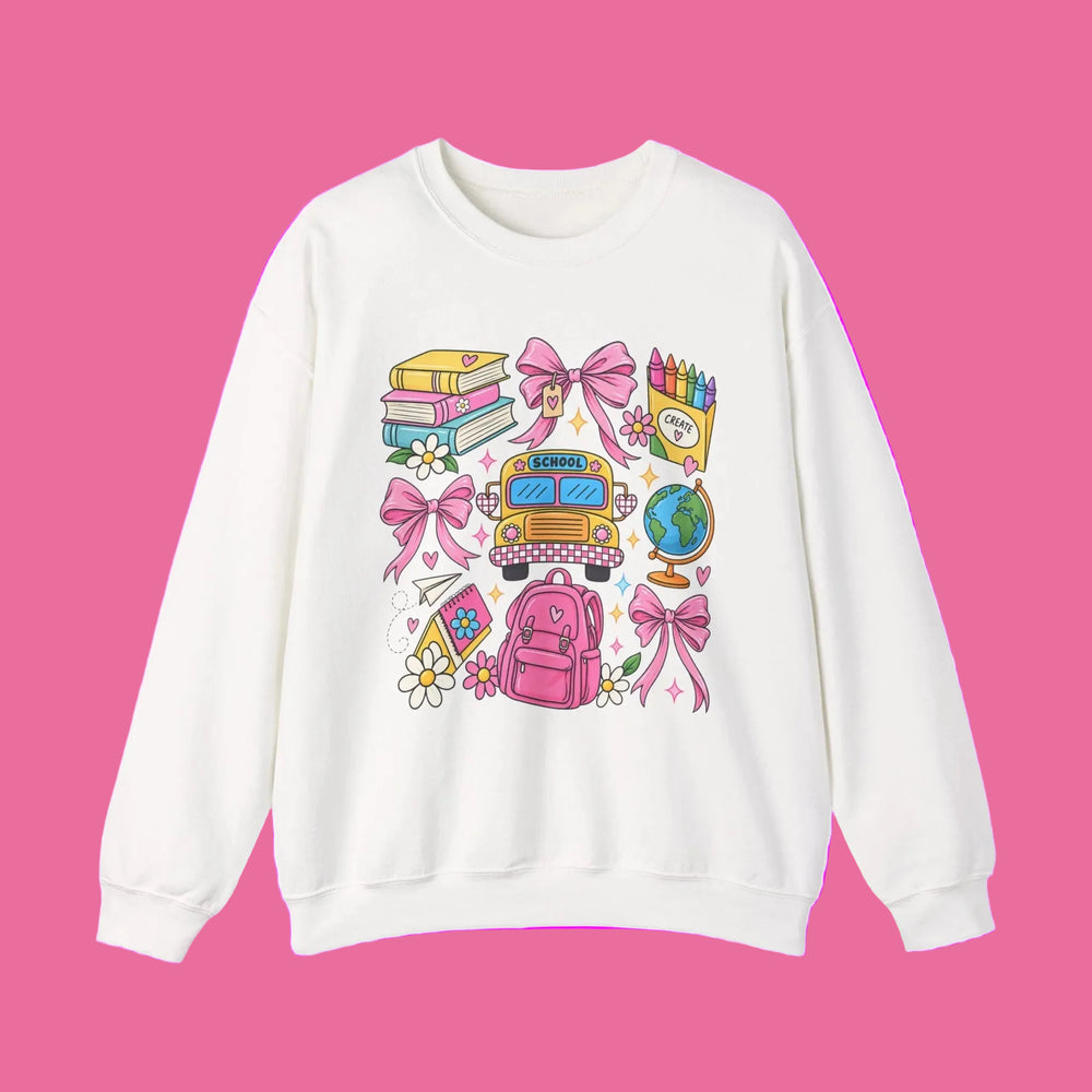 Back to school teacher sweatshirt with school bus, backpack and books graphic