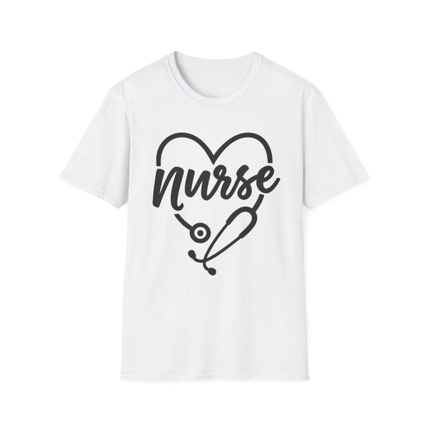 White nurse t-shirt featuring heart and stethoscope design