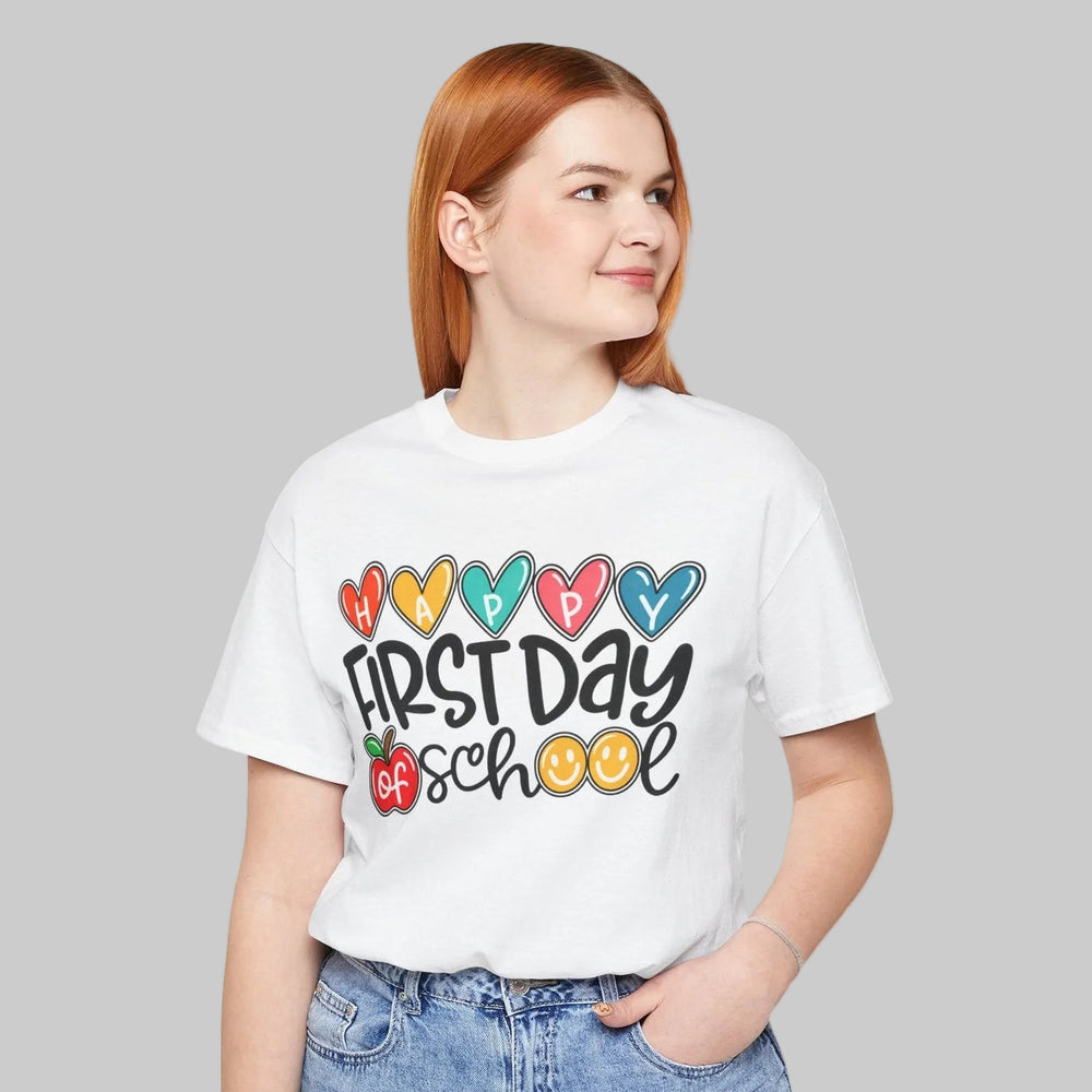 First Day of School teacher shirt with colorful lettering, hearts and apples