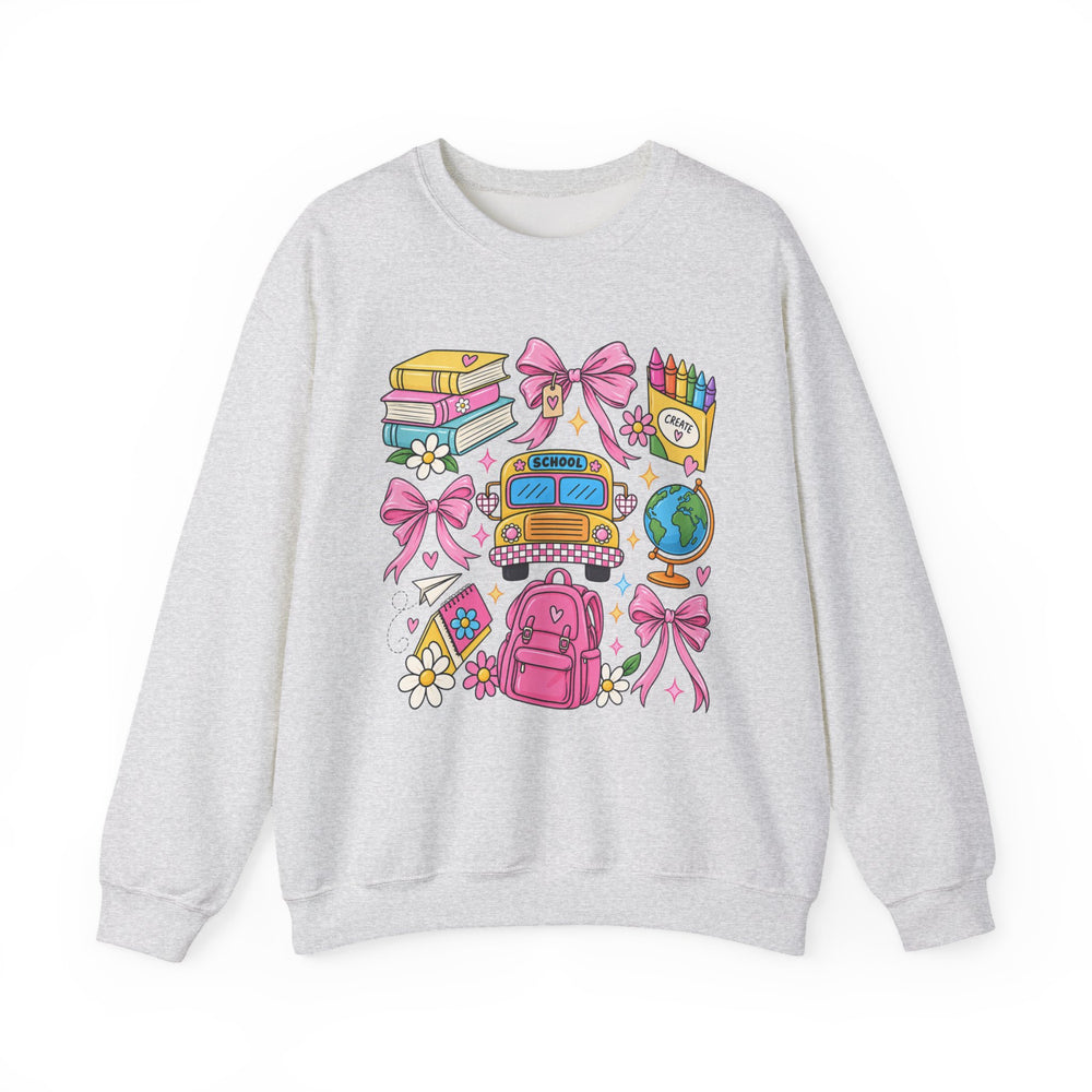 Back to school teacher sweatshirt with school bus, backpack and books graphic - view 2