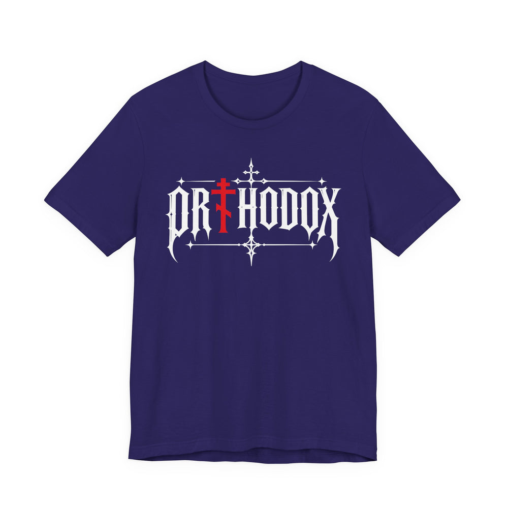 Orthodox lettering red cross t-shirt in Team Navy by Peckwear