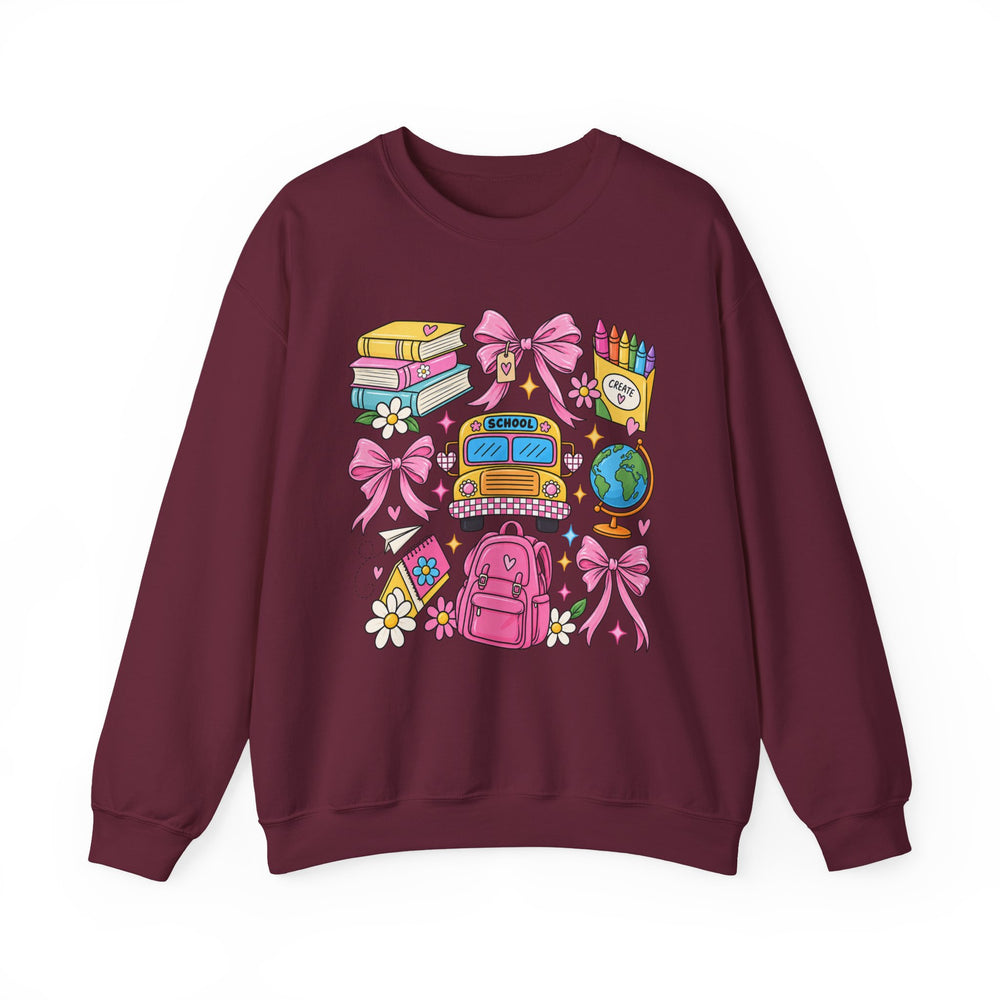 Back to school teacher sweatshirt with school bus, backpack and books graphic - view 5