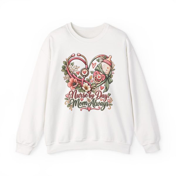 Nurse Mom Sweatshirt — Nurse by Day, Mom Always Floral Crewneck