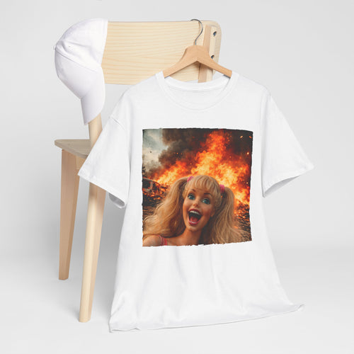 Vintage Doll Face with Fiery Explosion Meme T‑Shirt
