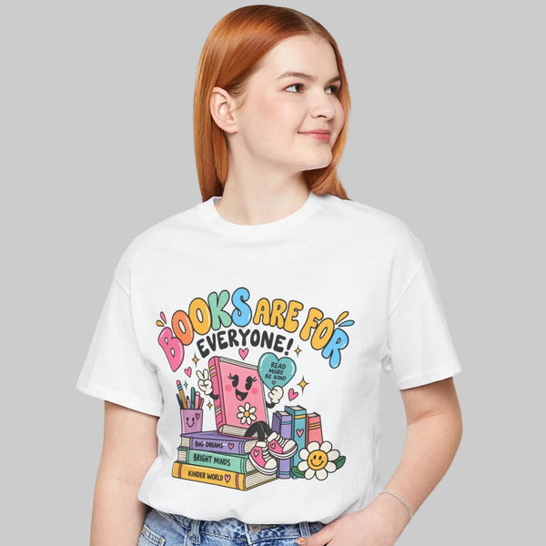 Books Are for Everyone teacher shirt with colorful books, hearts and flowers