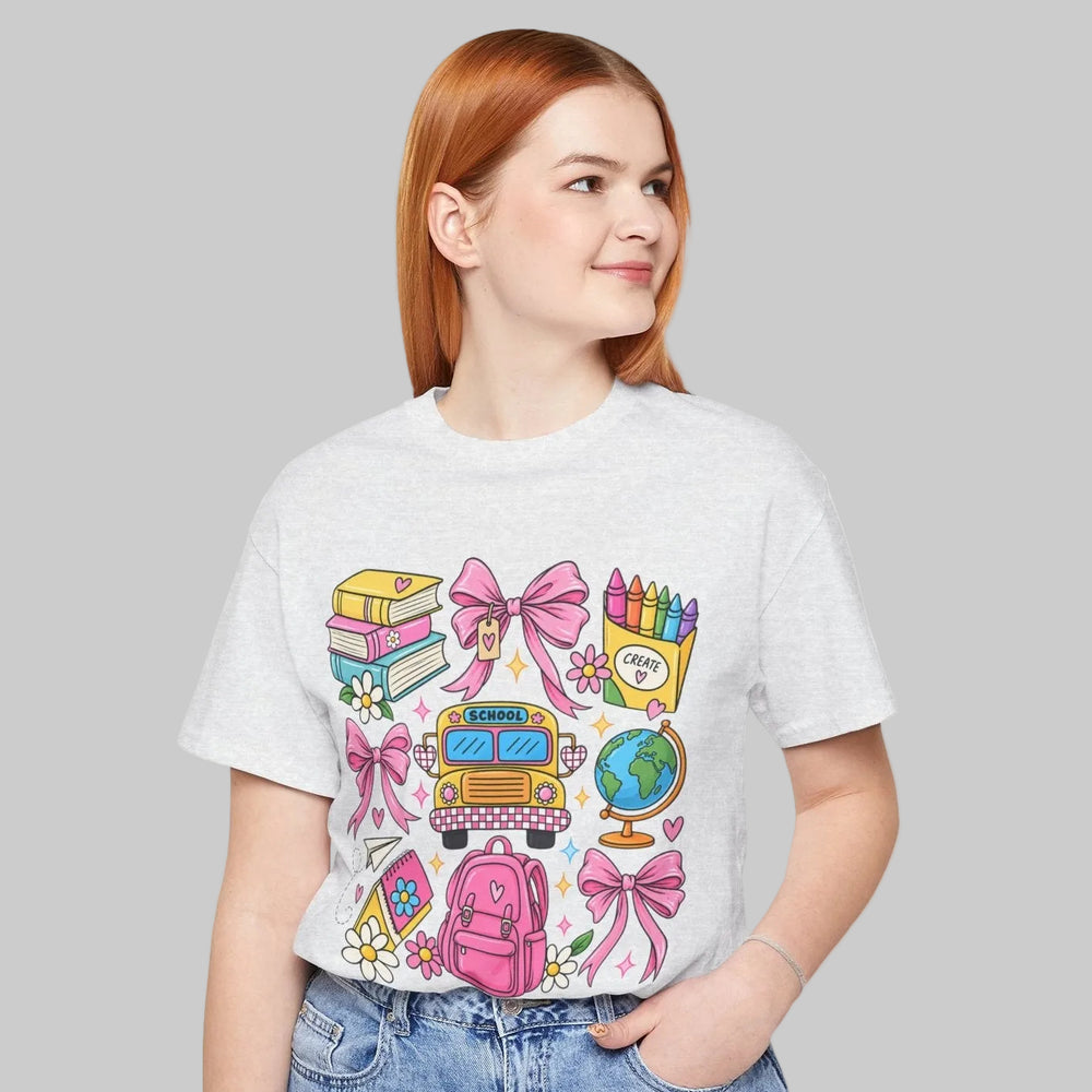 Back to School teacher shirt with books, school bus, backpack and pink bows