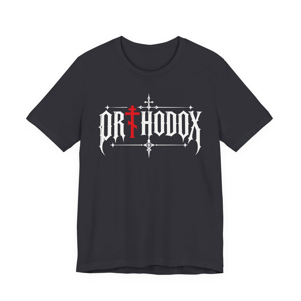 Orthodox lettering red cross t-shirt in Dark Grey by Peckwear