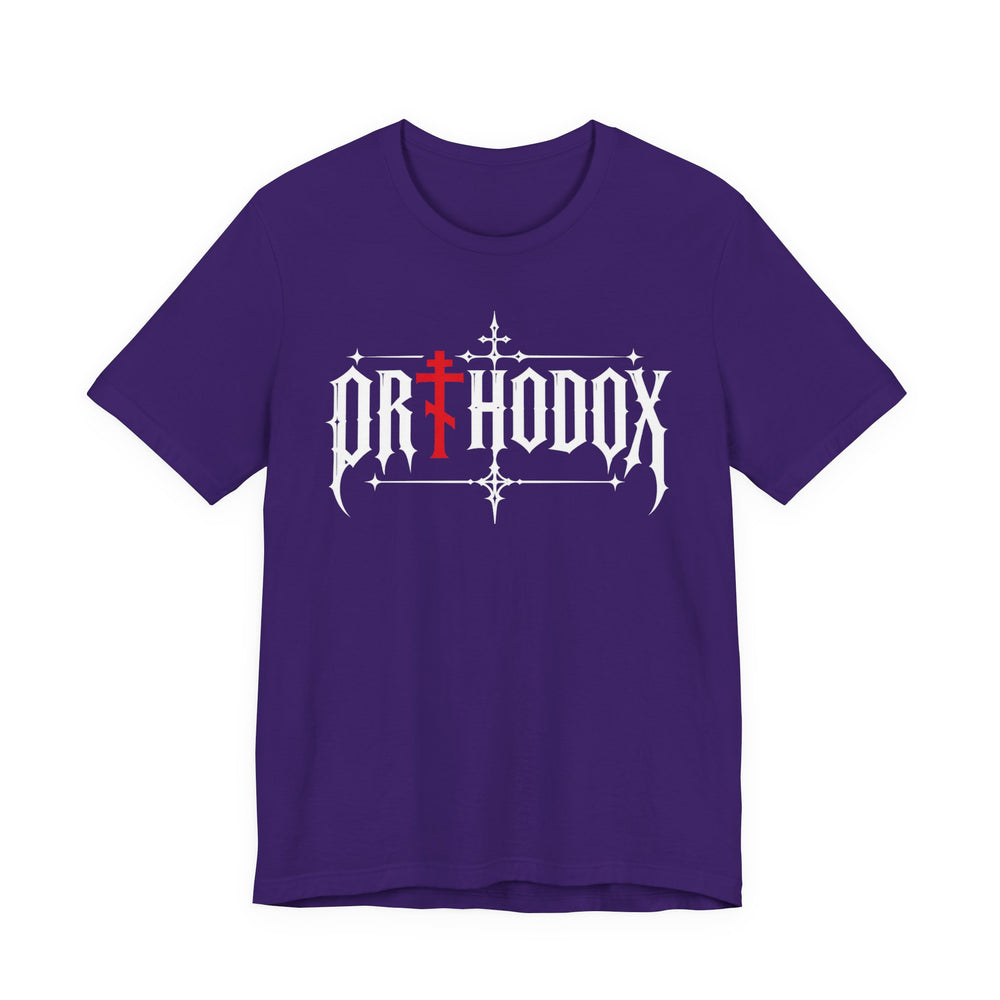 Orthodox lettering red cross t-shirt in Team Purple by Peckwear