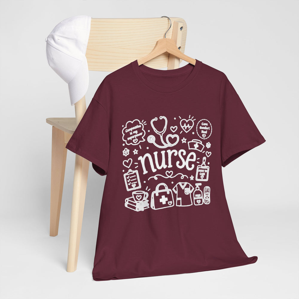 Maroon nursing t-shirt with white hand-drawn medical doodle nurse design on a hanger