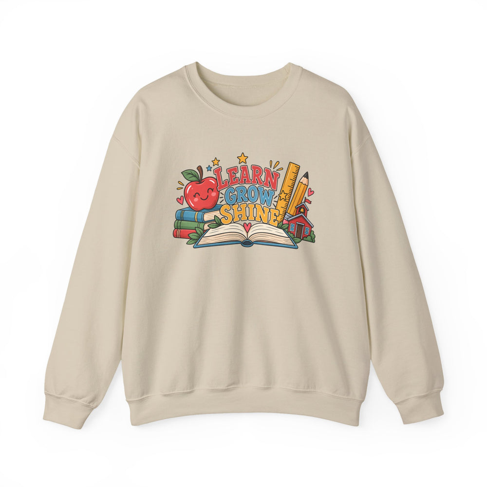 Learn Grow Shine sweatshirt with apple, books and schoolhouse graphic - view 3