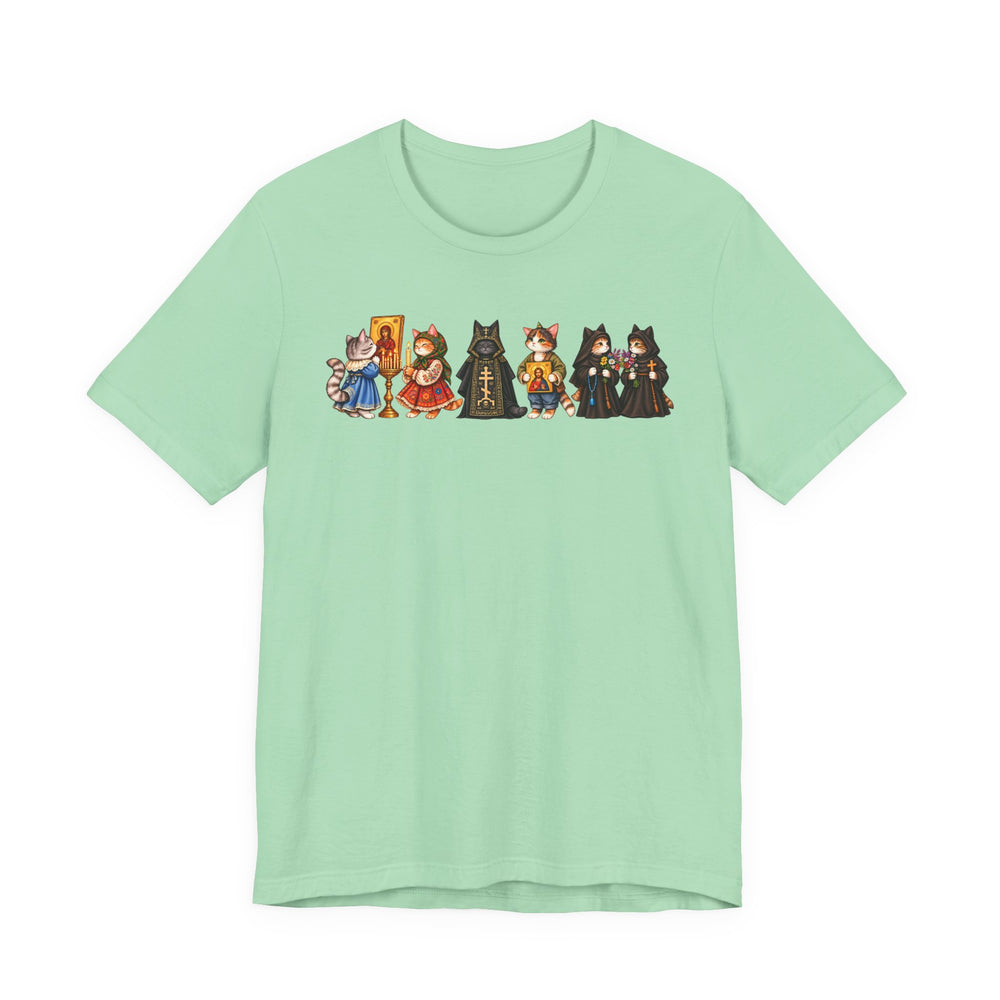 Orthodox cat shirt with cats holding icons in Mint by Peckwear