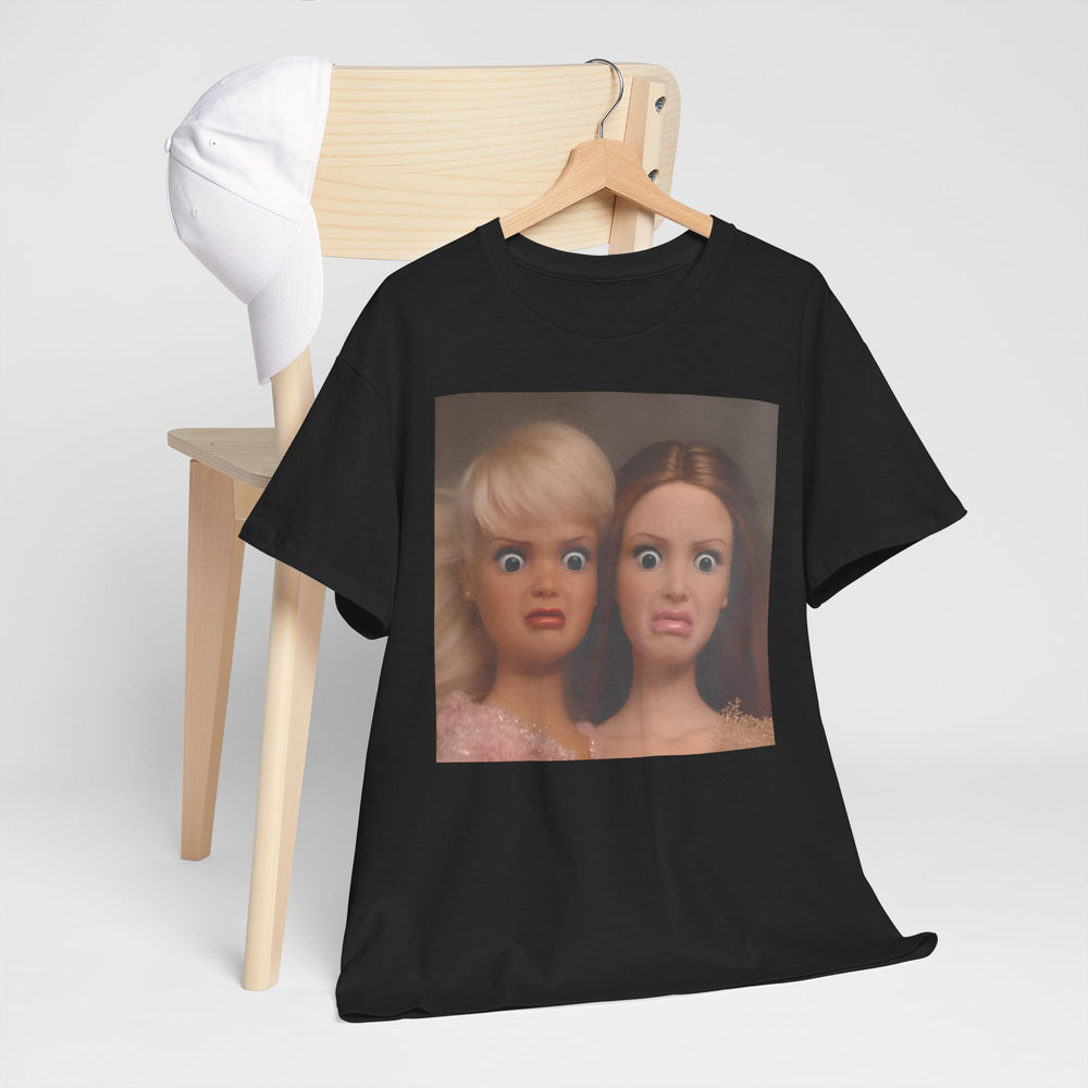 Black t-shirt with a raccoon graphic and text on a hanger against a white background