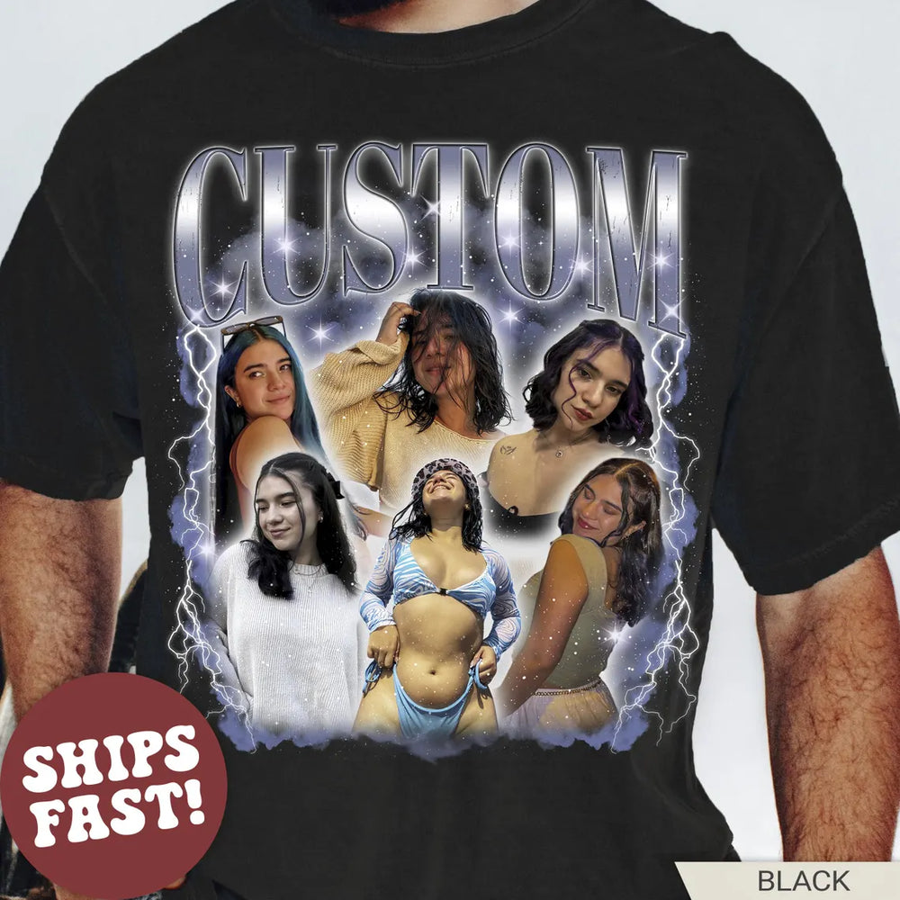 Black t-shirt with graphic design of a woman in various poses and 'CUSTOM' text.