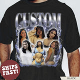 Black t-shirt with graphic design of a woman in various poses and 'CUSTOM' text.