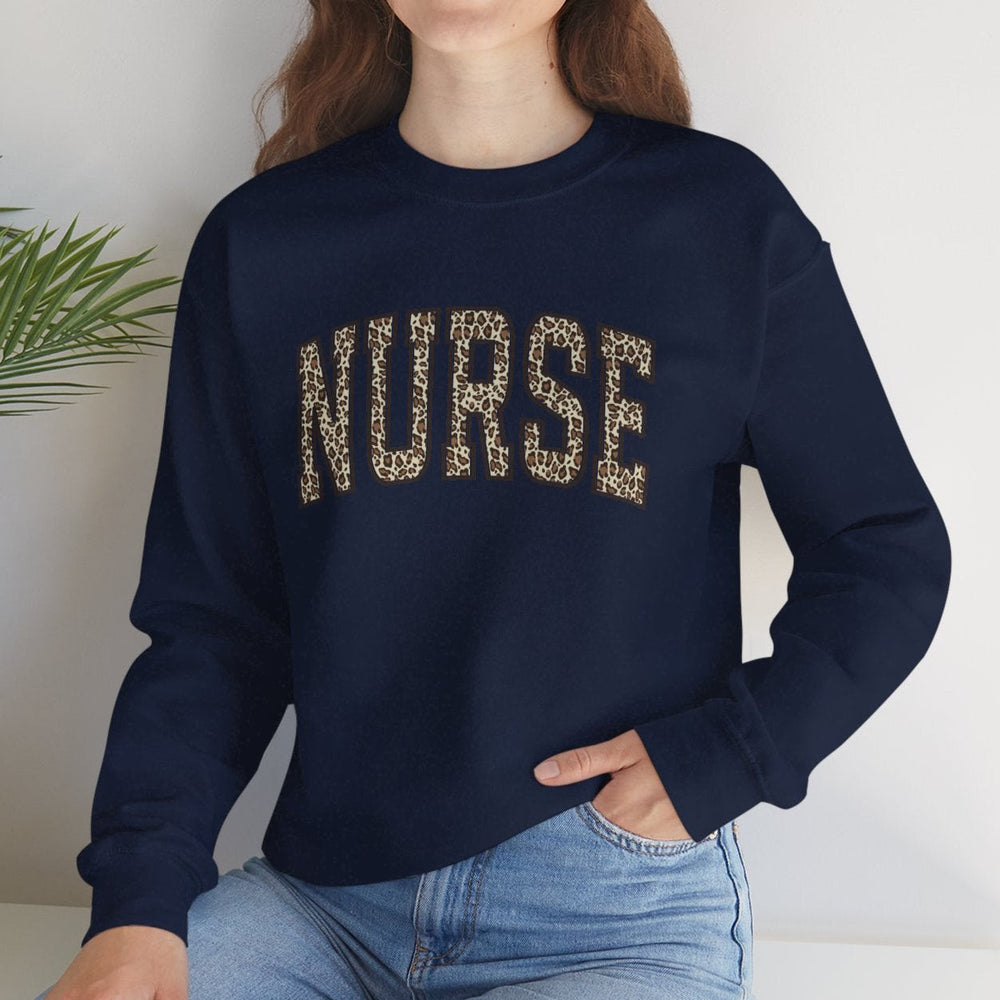 leopard cheetah print nurse block letter graphic close up blue detail sweatshirt