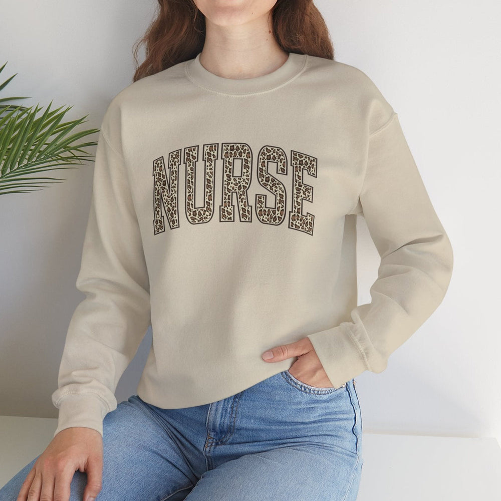 leopard cheetah print nurse block letter graphic close up detail sweatshirt