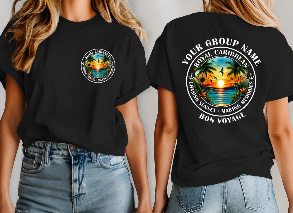 Two women modeling black graphic T-shirts, showing both front and back views. The front has a small circular tropical sunset print on the left chest, and the back has a large matching circular print with the text 'YOUR GROUP NAME', 'ROYAL CARIBBEAN', 'GRASSY SUNSET', 'MAKING MEMORIES', and 'Bon Voyage'.