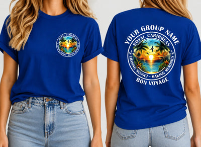 A royal blue short-sleeve t-shirt shown on a model from both the front and back. The front features a small circular Royal Caribbean logo on the left chest, while the back displays a large customizable group name and destination graphic with a tropical sunset scene and the text 'YOUR GROUP NAME', 'ROYAL CARIBBEAN', 'CRUSH THE SUNSET - MAKE AMORITIES', and 'BON VOYAGE'.
