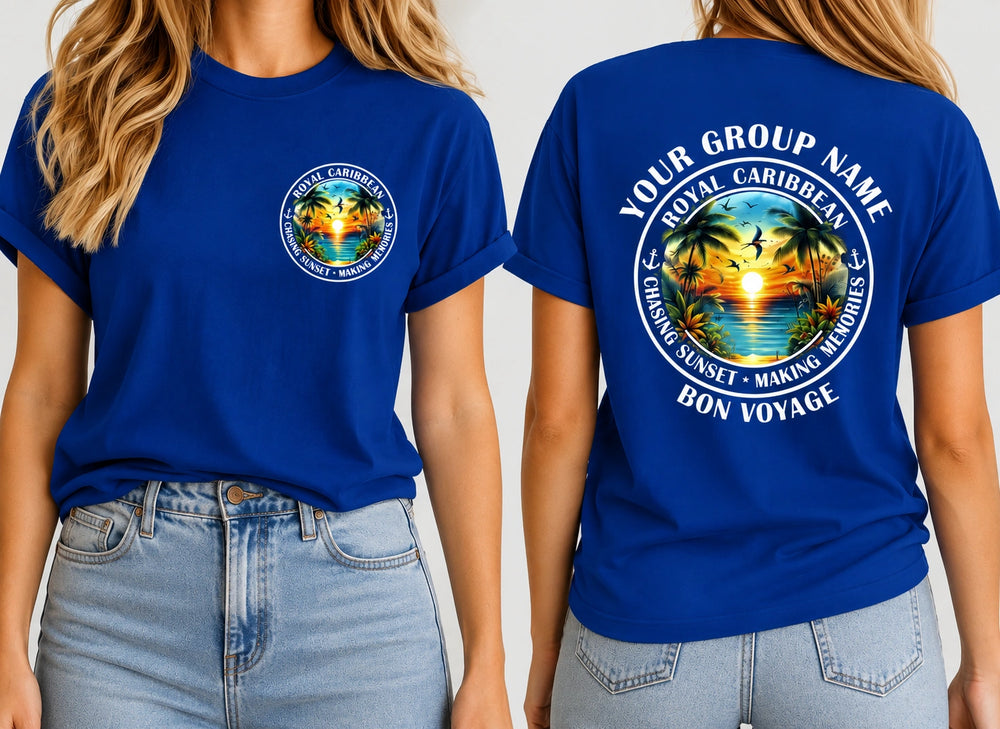 A royal blue short-sleeve t-shirt shown on a model from both the front and back. The front features a small circular Royal Caribbean logo on the left chest, while the back displays a large customizable group name and destination graphic with a tropical sunset scene and the text 'YOUR GROUP NAME', 'ROYAL CARIBBEAN', 'CRUSH THE SUNSET - MAKE AMORITIES', and 'BON VOYAGE'.