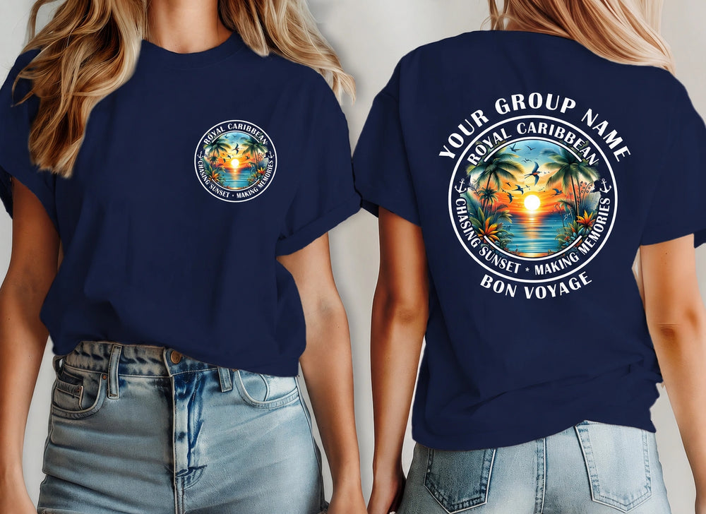 Two women modeling a navy blue short-sleeve T-shirt, showing both the front and back. The front has a small circular Royal Caribbean graphic on the left chest.
