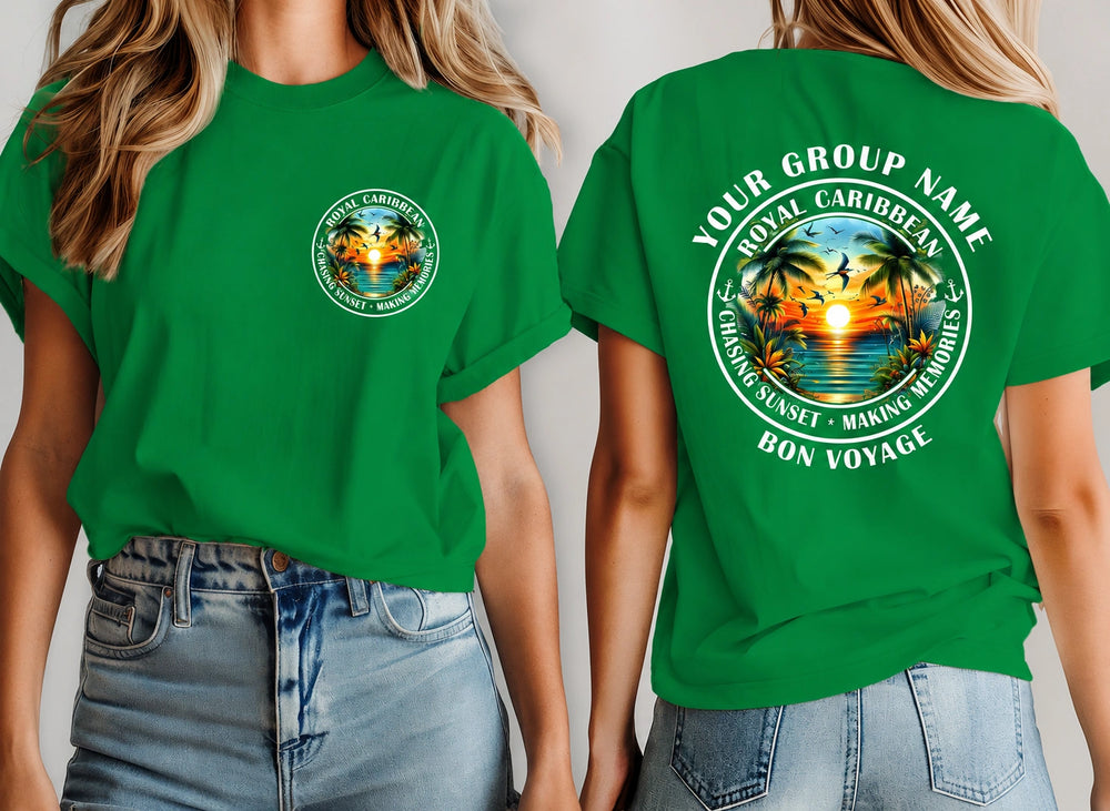 A green short-sleeve T-shirt shown on a model from both front and back. The front has a small circular tropical graphic on the left chest, and the back has a large circular graphic with a sunset scene, palm trees, and white text reading 'YOUR GROUP NAME', 'ROYAL CARIBBEAN', 'GRATING SUNSET • MAKING MEMORIES', and 'BON VOYAGE'.