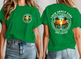 A green short-sleeve T-shirt shown on a model from both front and back. The front has a small circular tropical graphic on the left chest, and the back has a large circular graphic with a sunset scene, palm trees, and white text reading 'YOUR GROUP NAME', 'ROYAL CARIBBEAN', 'GRATING SUNSET • MAKING MEMORIES', and 'BON VOYAGE'.