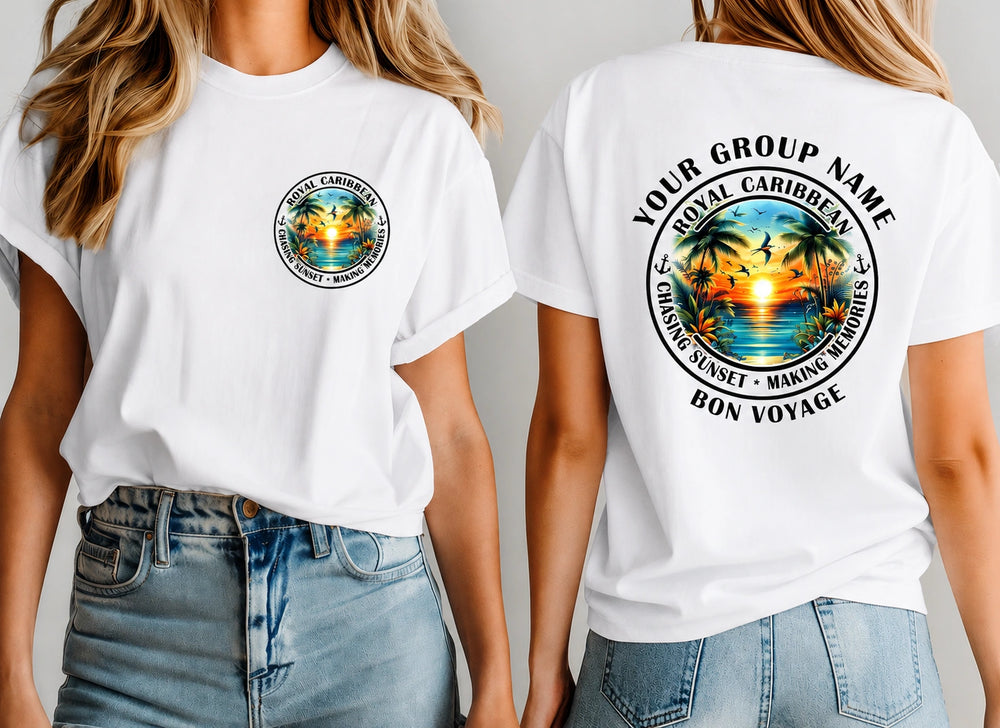 Two women modeling white graphic T-shirts, showing both the front and back designs. The front features a small circular Royal Caribbean-themed graphic on the left chest.